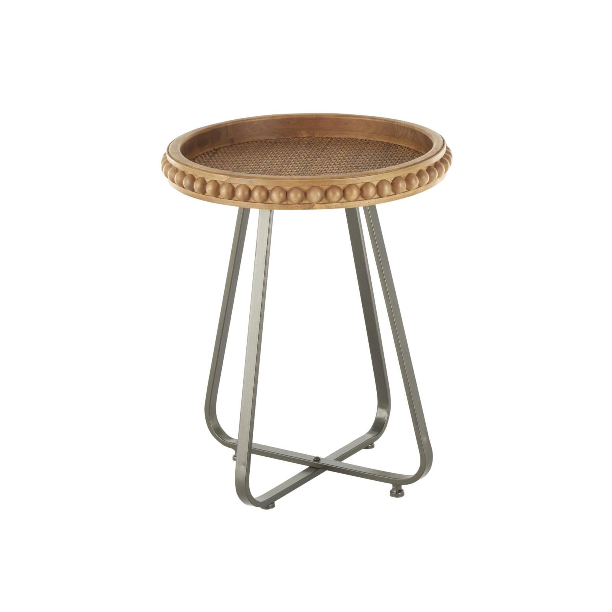 20.5" Brown Wood Beaded Accent Table with Rounded Gray Metal Base & Rattan Accent